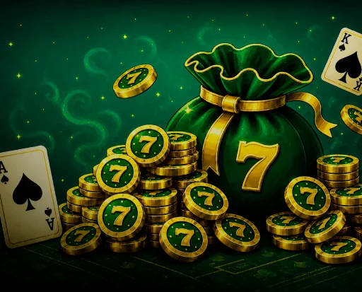 Moedas com o número sete e cartas sobre mesa verde, criativo de promoções da 7Games